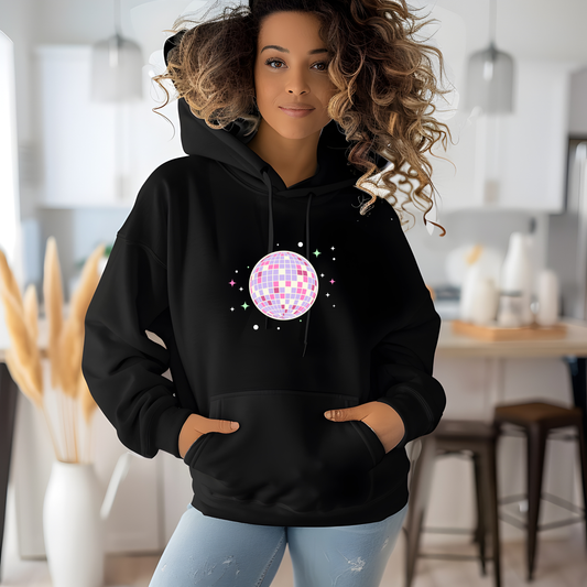 Pink Disco Ball Hoodie — Retro Glitter Party Sweatshirt