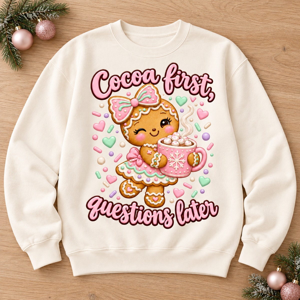 Pastel Gingerbread Christmas Sweater – Cocoa First, Questions Later