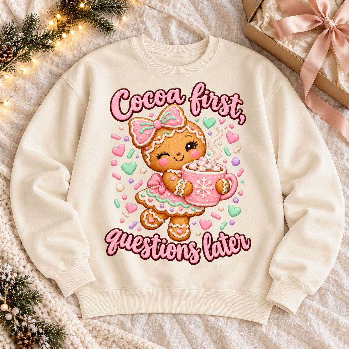 Pastel Gingerbread Christmas Sweater – Cocoa First, Questions Later