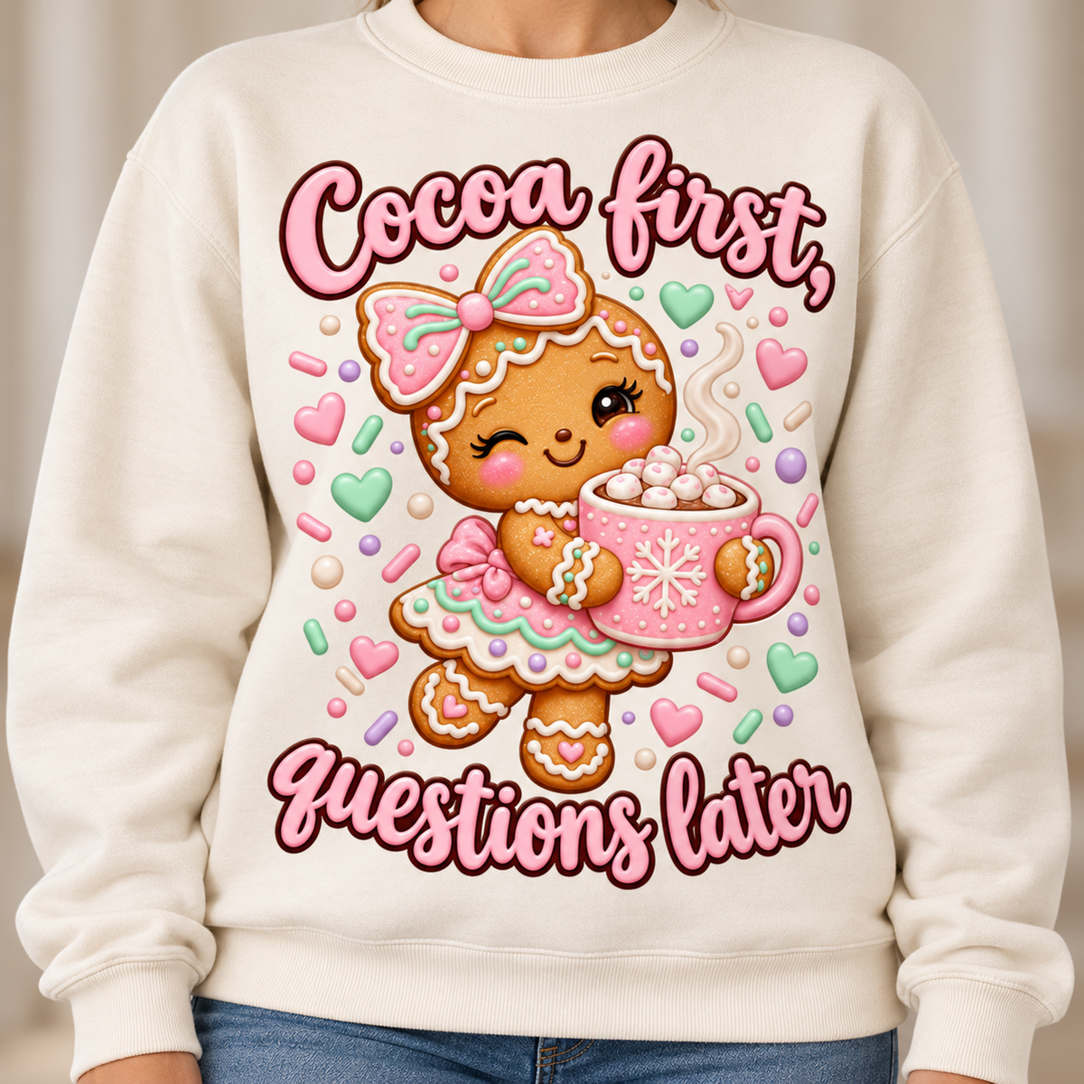 Pastel Gingerbread Christmas Sweater – Cocoa First, Questions Later