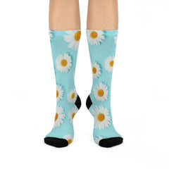 Blue Daisy Print Cushioned Crew Socks