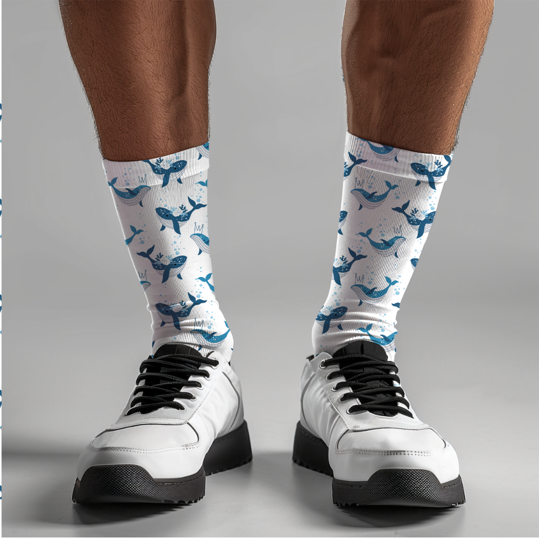 Blue Whale Patterned Crew Socks - Cushioned DTG Print - Comfortable & Stylish Socks for Women and Men