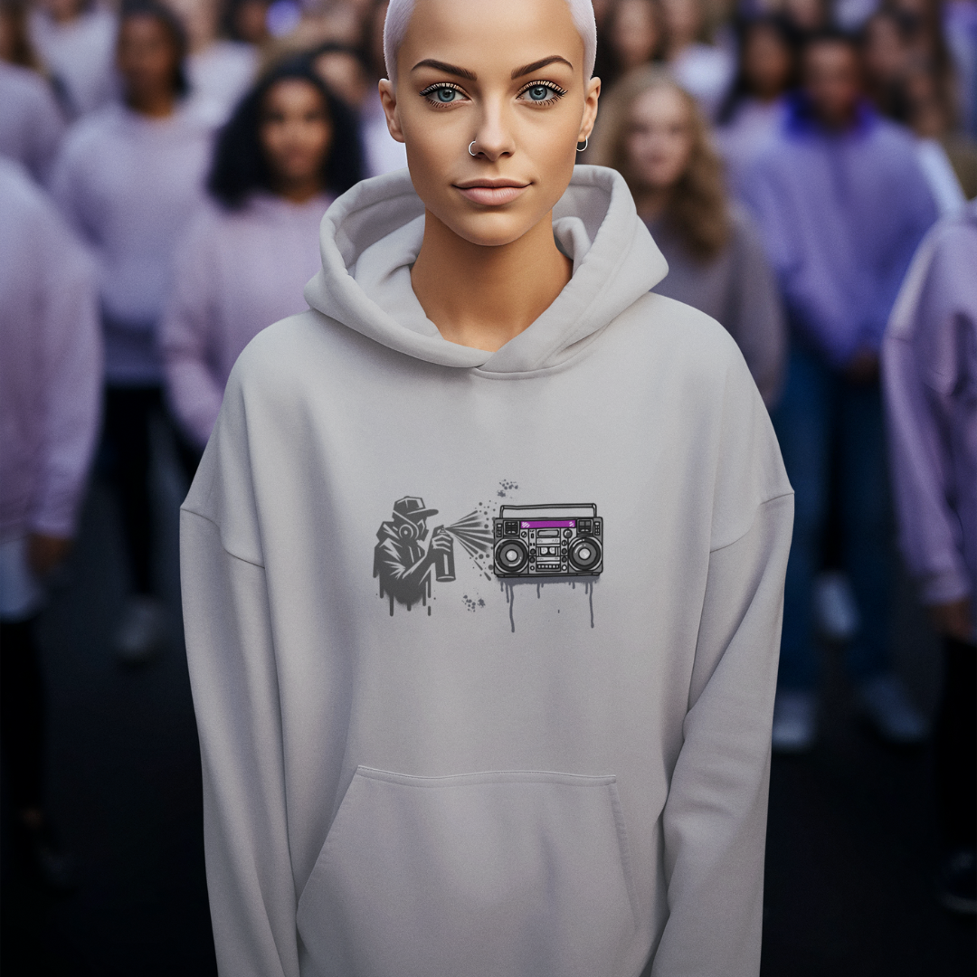 Sport Gray Graffiti Hoodie with Boom Box – Unisex Urban Art Sweatshirt