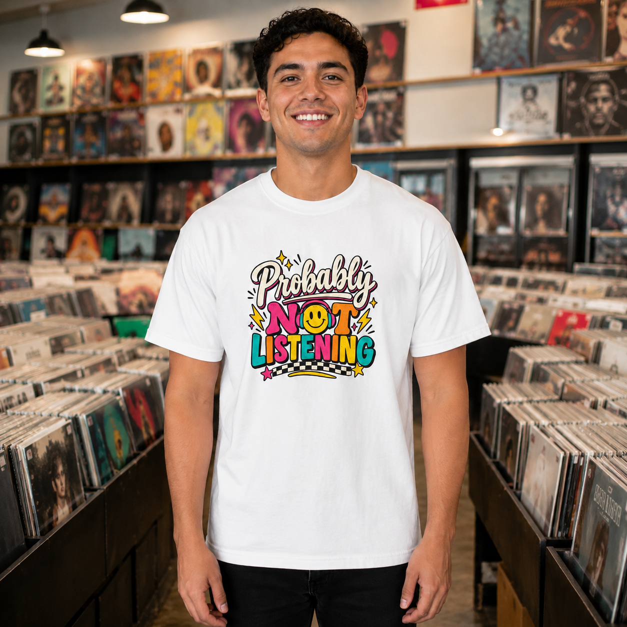 A smiling man wearing a white graphic t-shirt with the text 'Probably NOT LISTENING' in colorful retro lettering, standing in a record store with shelves of vinyl records in the background.