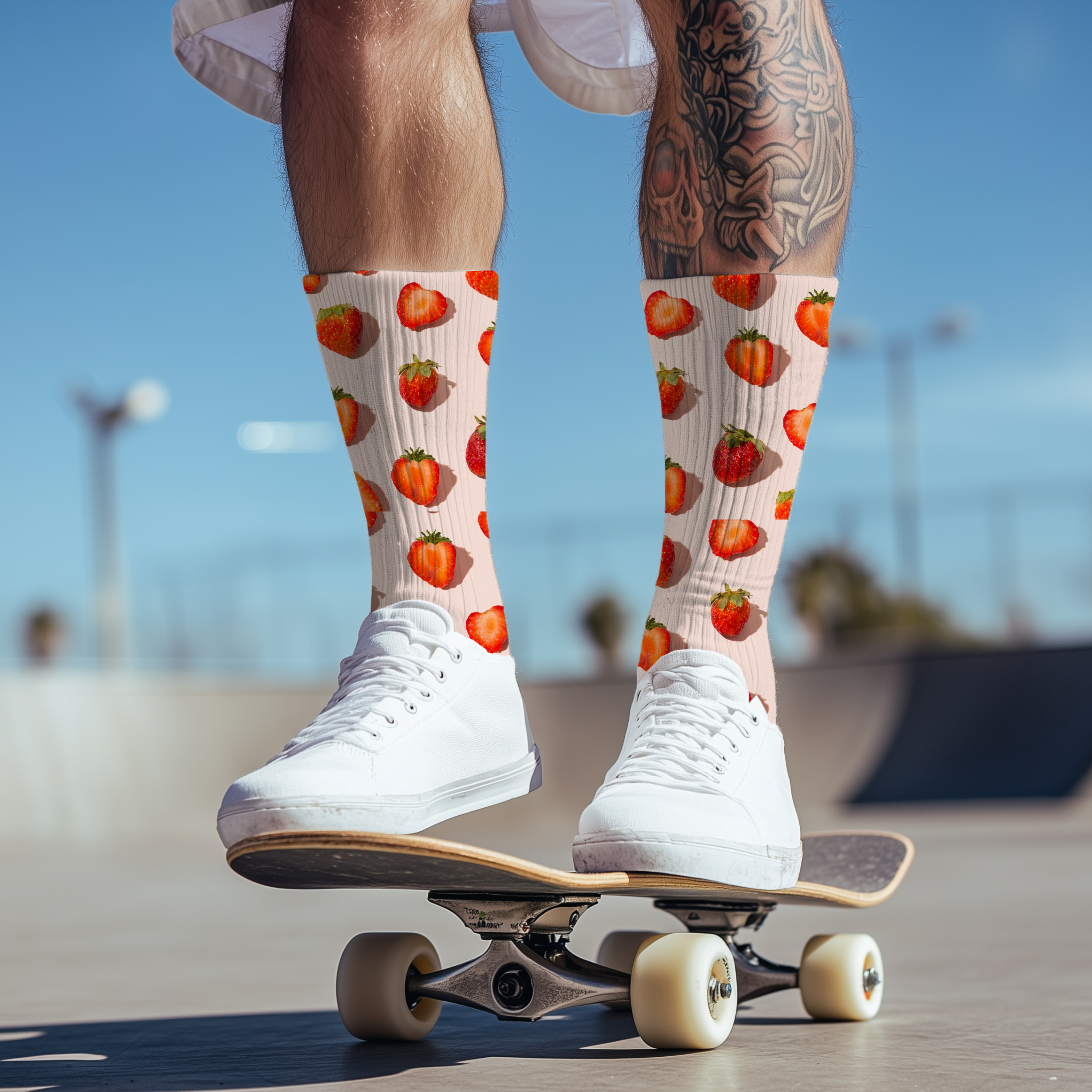 Pink Strawberry Pattern Socks: Unisex Cushioned Crew Socks