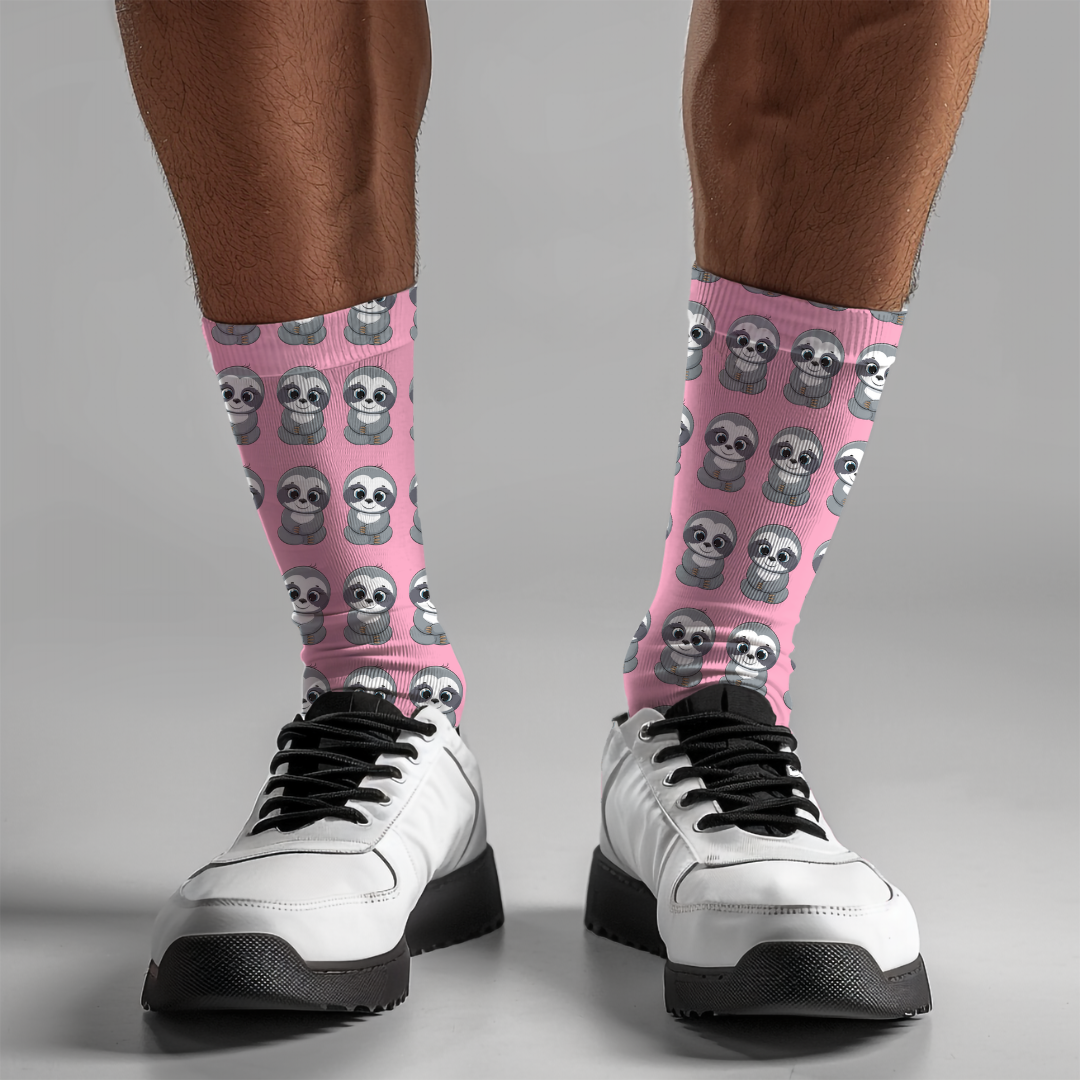Adorable Sloth Crew Socks - Cute Pink Sloth Design, Cozy and Fun Socks
