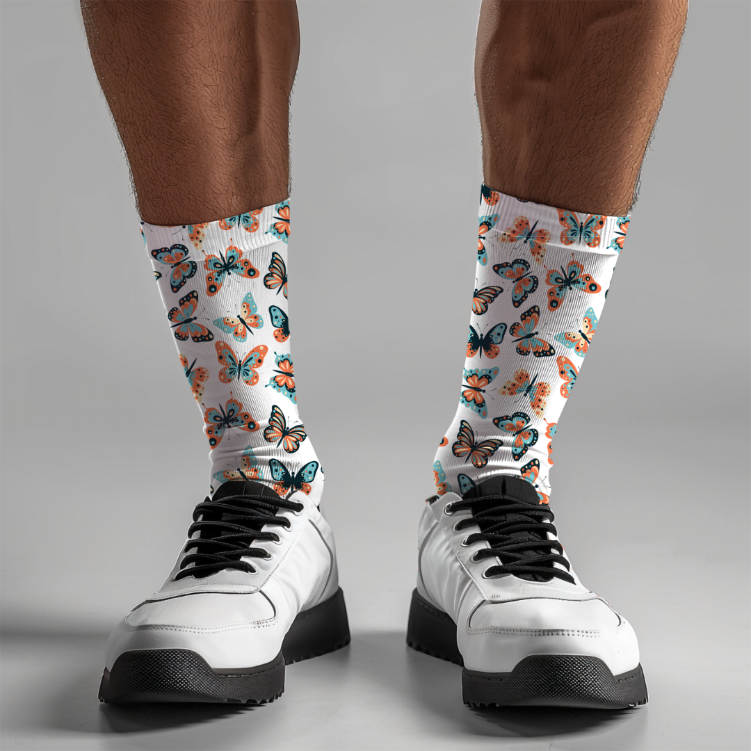Butterfly Patterned Crew Socks - Cute Socks with Butterflies - Unisex Cushioned Crew Socks Dressy or Casual