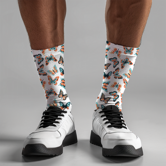 Butterfly Pattern Crew Socks: Unisex Cushioned Whimsical Socks