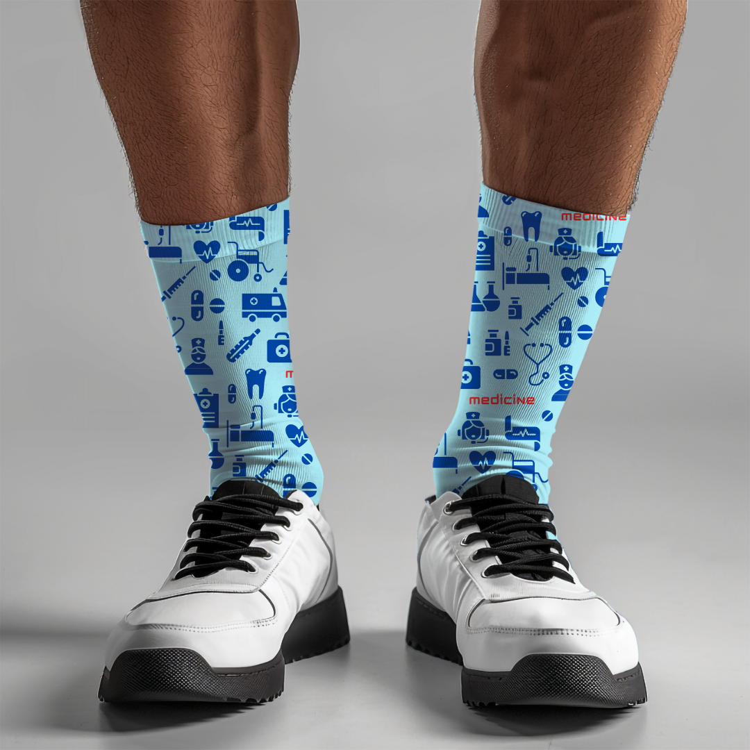 Blue Medical-Themed Cushioned Crew Socks - Comfortable One-Size Socks with Healthcare Design