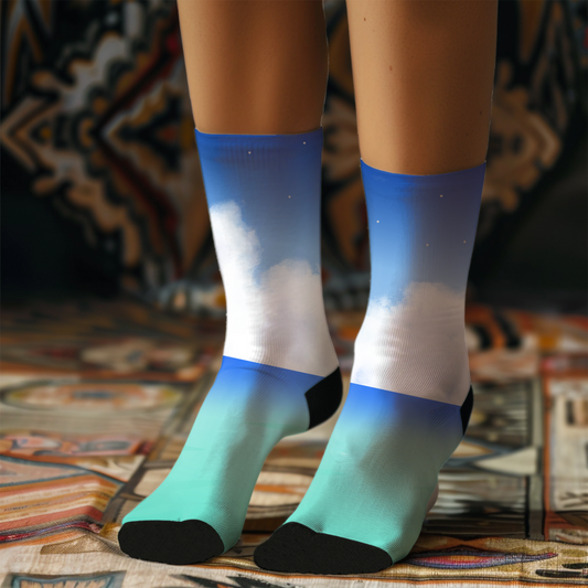 Cloud Sky Print Socks: Dreamy Blue Gradient Crew Socks