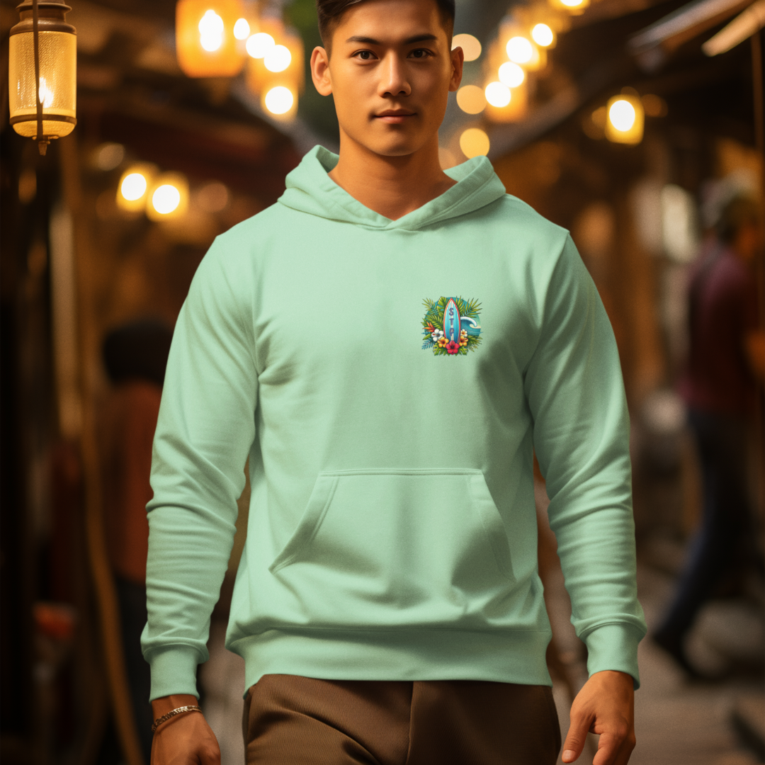 Surfboard Design Hoodie – Unisex Tropical Flower Cotton-Blend Sweatshirt