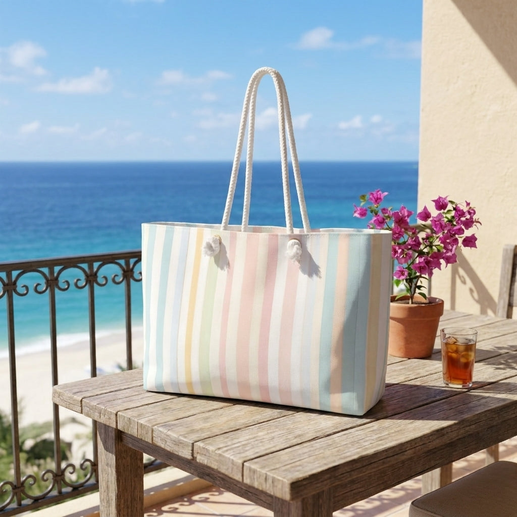 Striped tote bag on a wooden table with ocean view