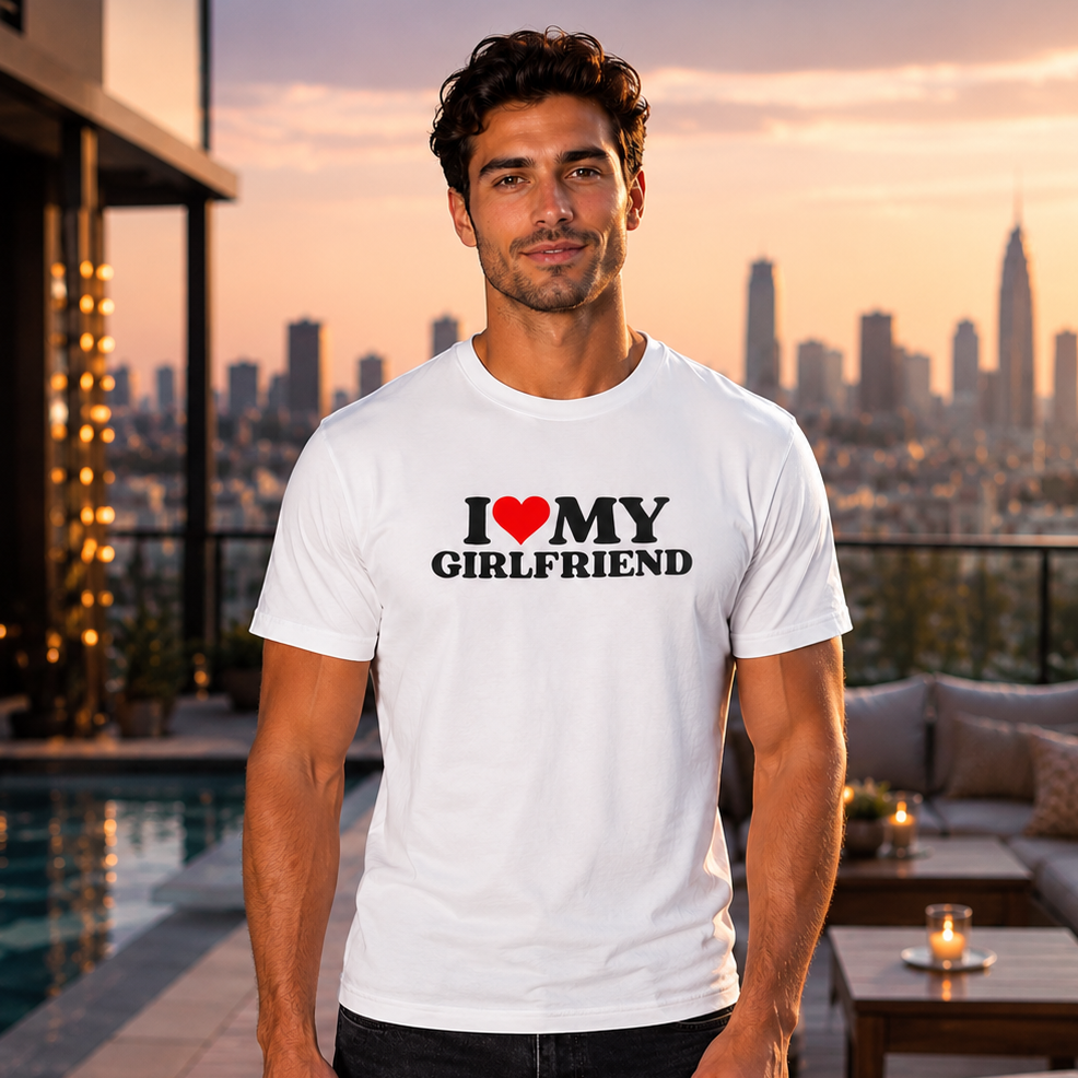 A man wearing a white graphic t-shirt with the text 'I [red heart] MY GIRLFRIEND' printed on the chest, standing on a rooftop patio with a city skyline and sunset in the background.