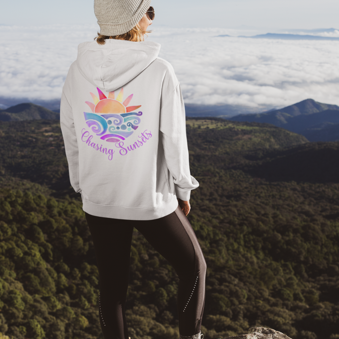 Sunset Chase Hoodie - Ash Gray Hooded Sweatshirt with Watercolor Sunset Graphic, Unisex Pullover, Chase Sunsets Sweatshirt Gift, Sunset