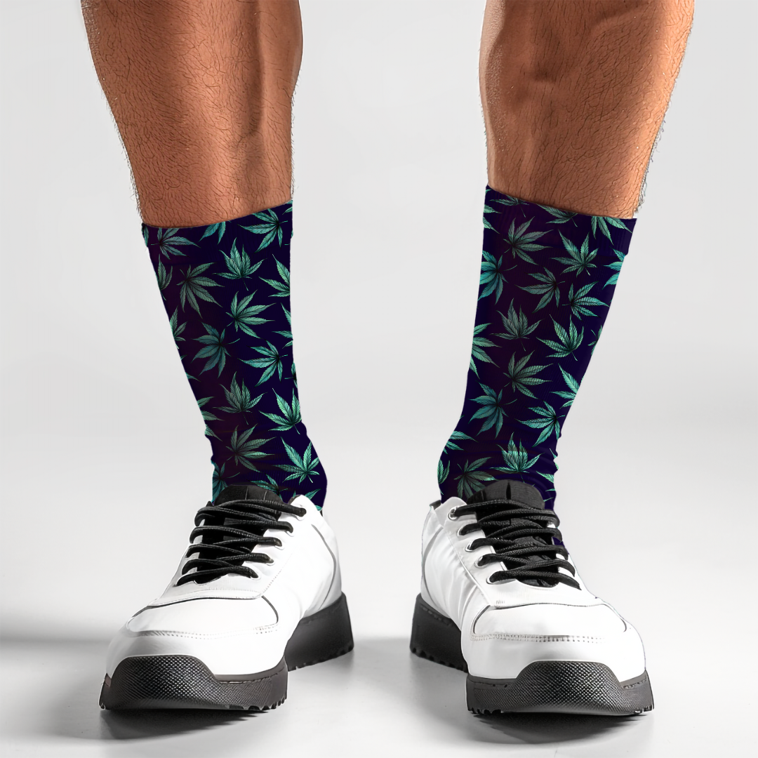 Cannabis Leaf Patterned Crew Socks - Cushioned Print - Comfortable & Stylish Socks for Women and Men