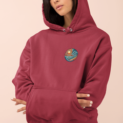 Beach-Inspired Unisex Heavy Blend Hoodie - Relaxed Fit, Cozy and Stylish Sweatshirt with Sun and Waves Design in Antique Cherry Red