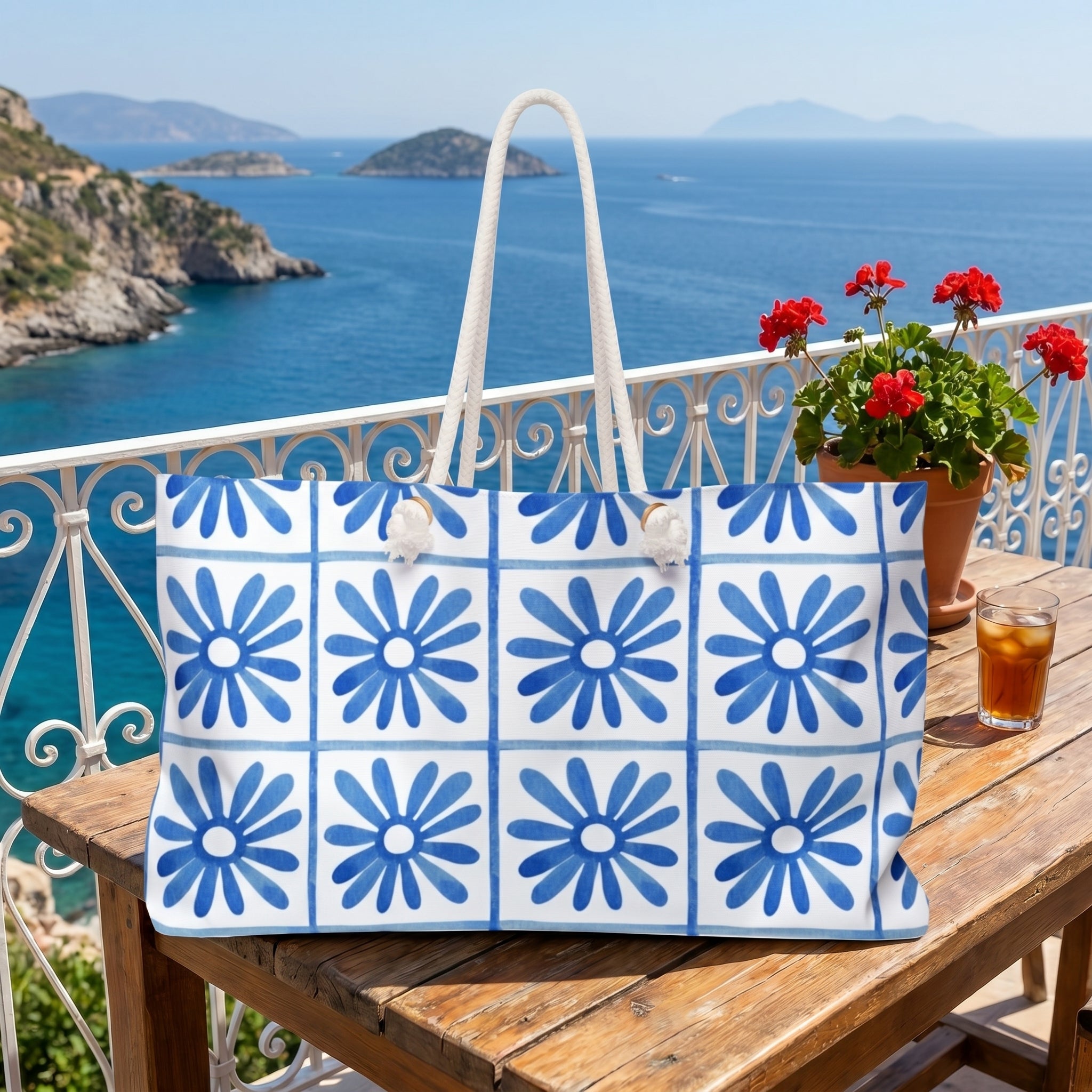 Blue Tile Floral Weekender Bag