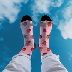 Pink Strawberry Pattern Socks: Unisex Cushioned Crew Socks