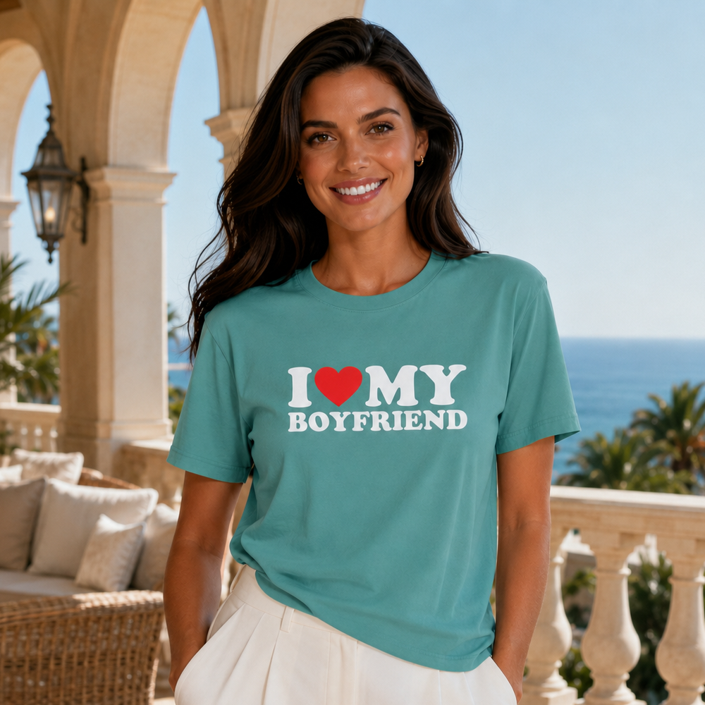 A woman stands on a sunlit outdoor terrace wearing a teal graphic T-shirt that reads “I ♥ MY BOYFRIEND” in white letters with a red heart, paired with white pants. The background shows a balcony railing, columns, plants, and the ocean.