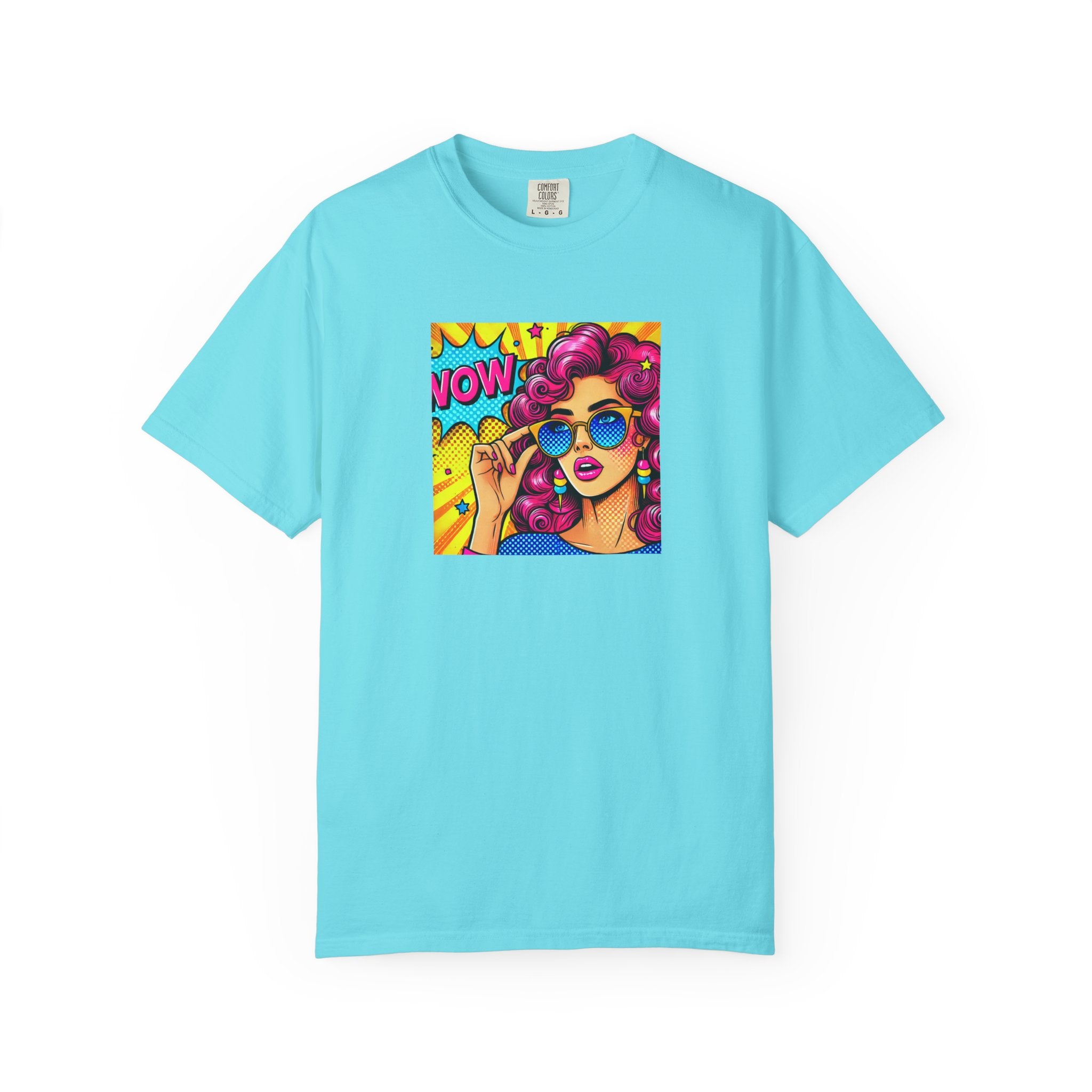 Light blue t-shirt with a colorful graphic of a woman and 'NOW' text on a white background