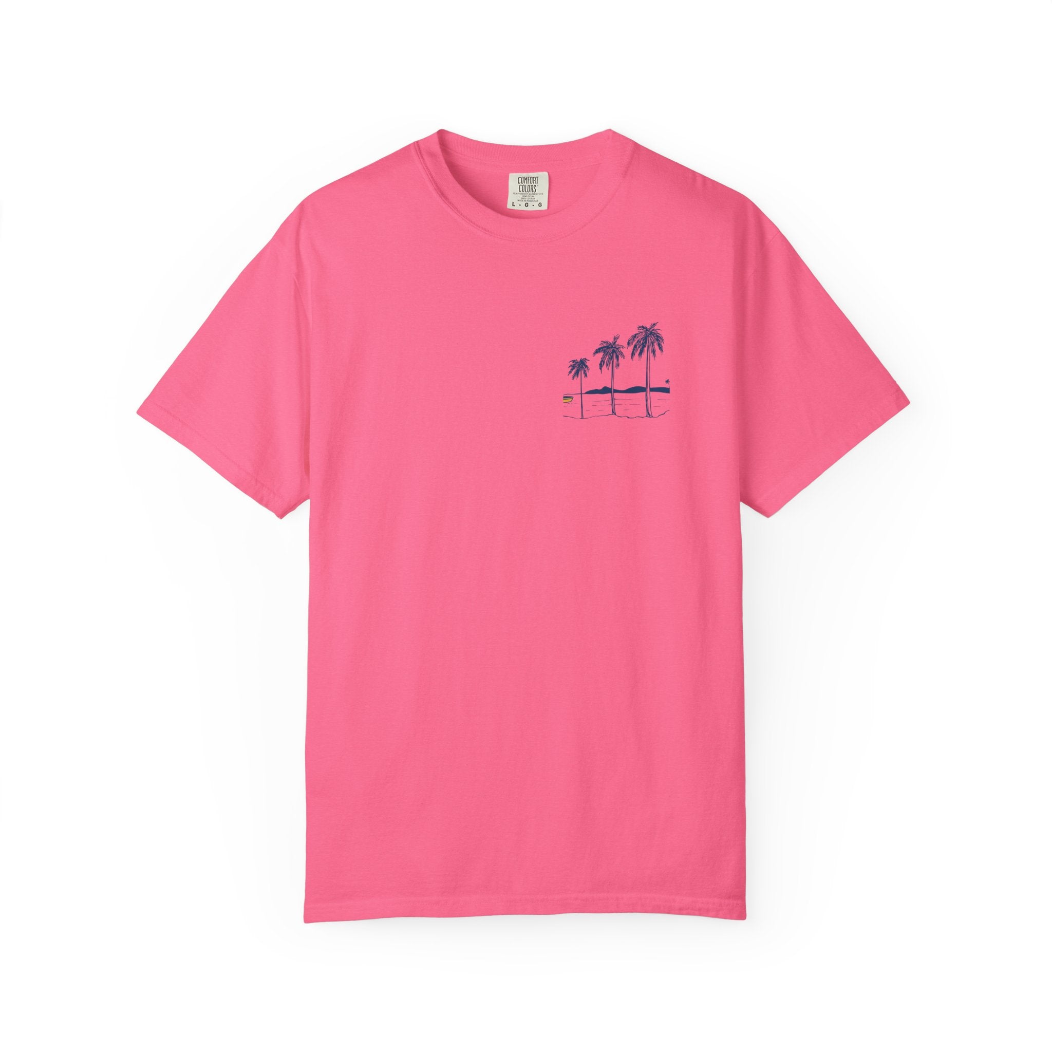 Pink t-shirt with a small graphic on a white background