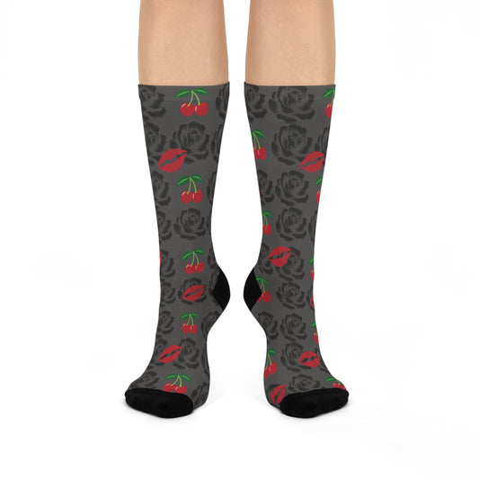 Black Rose Print Socks - Gothic Crew Socks with Cherries, Lips, and Black Roses - Sexy Socks