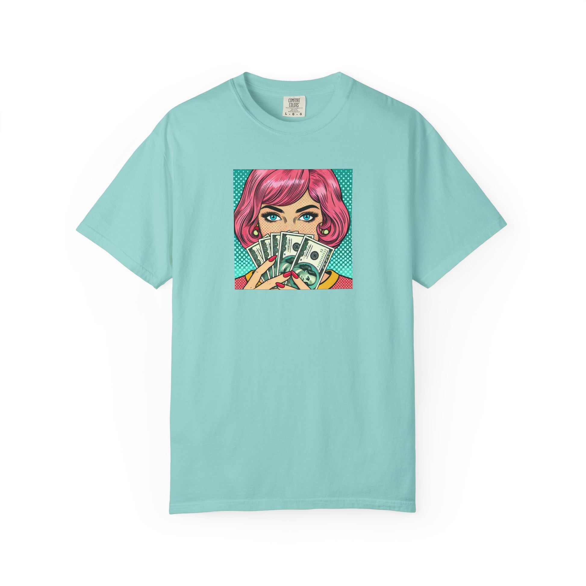Light blue t-shirt with a graphic of a woman holding money on a white background
