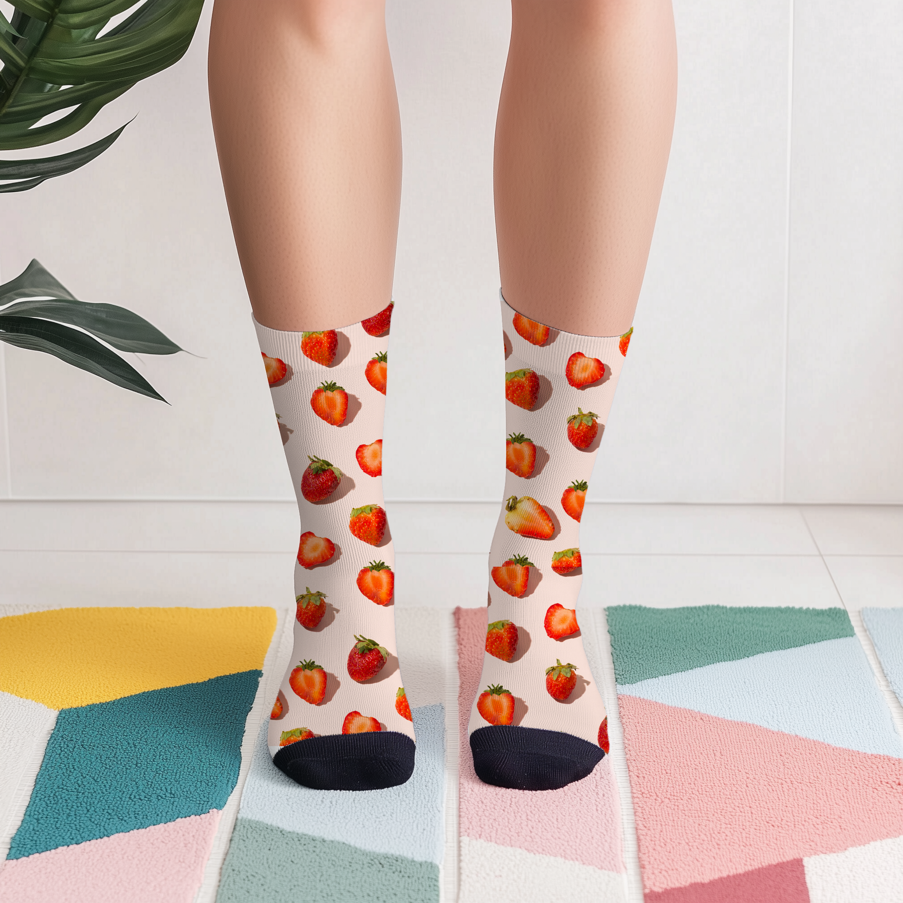 Pink Strawberry Pattern Socks: Unisex Cushioned Crew Socks