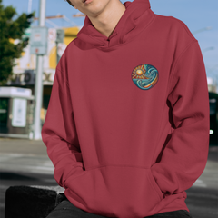 Beach-Inspired Unisex Heavy Blend Hoodie - Relaxed Fit, Cozy and Stylish Sweatshirt with Sun and Waves Design in Antique Cherry Red