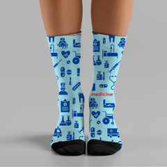 Blue Medical-Themed Cushioned Crew Socks - Comfortable One-Size Socks with Healthcare Design