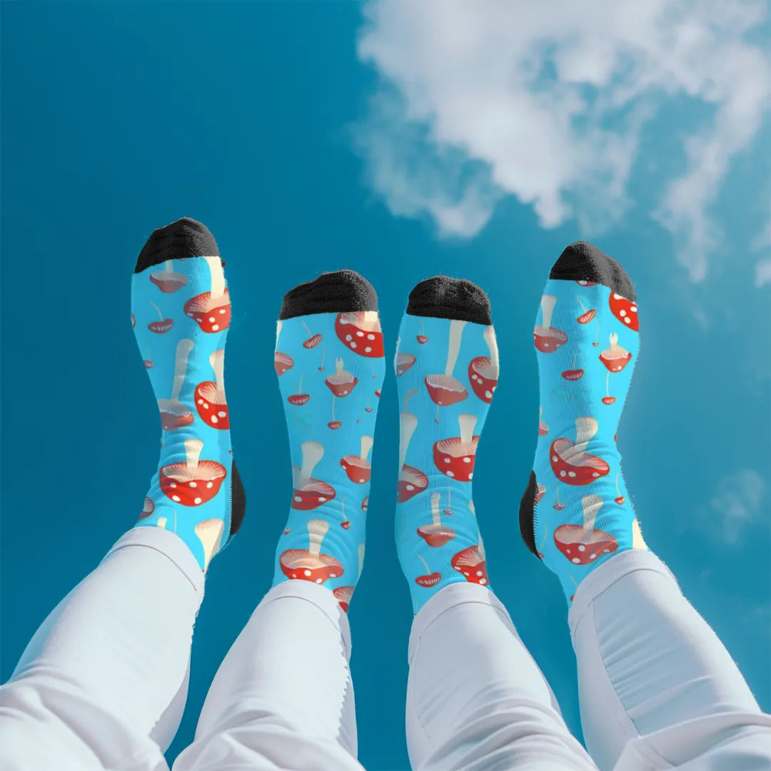Shroom Socks Blue Cushioned Crew Socks with Mushroom Pattern