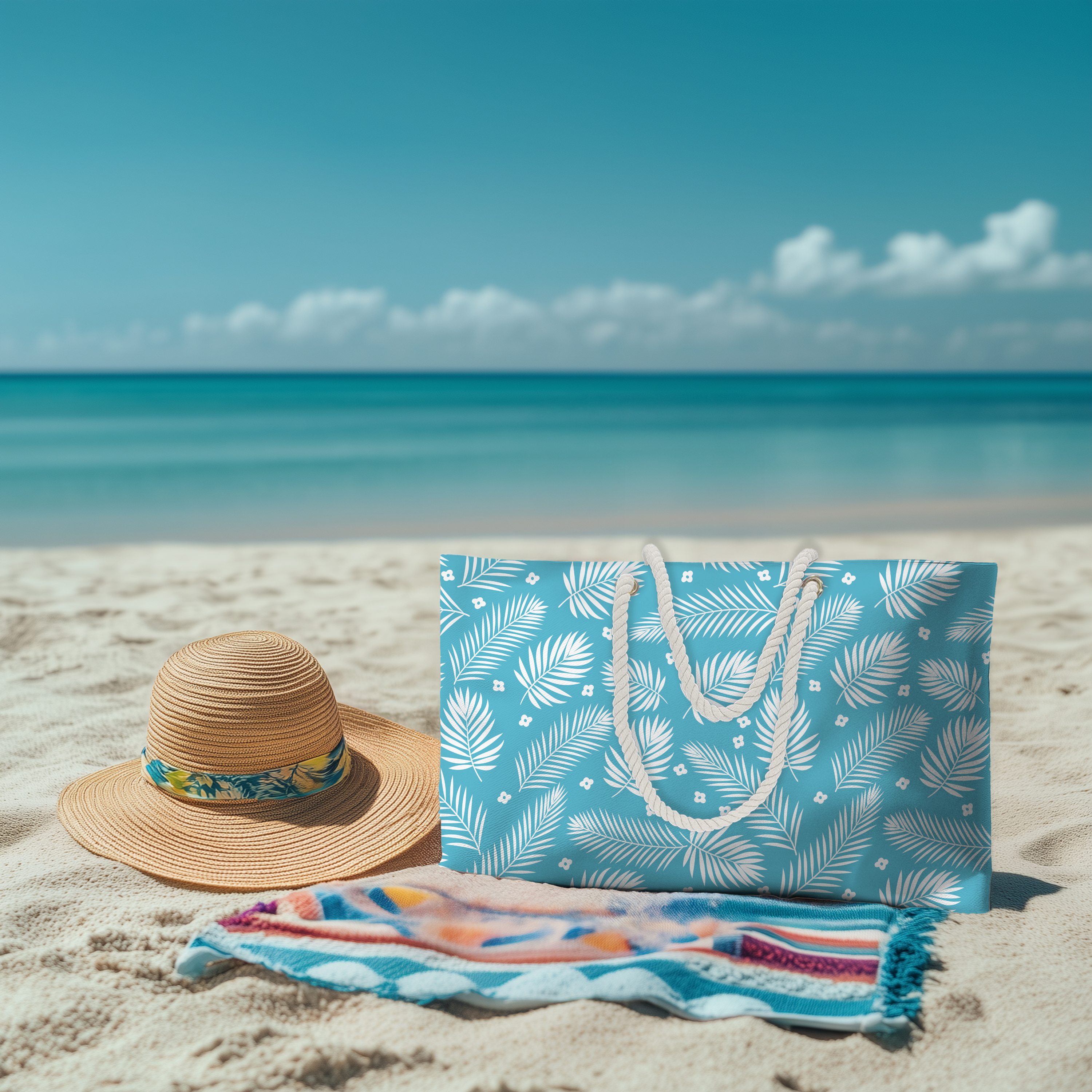 Beach hat and blue patterned bag on sandy beach with ocean in background