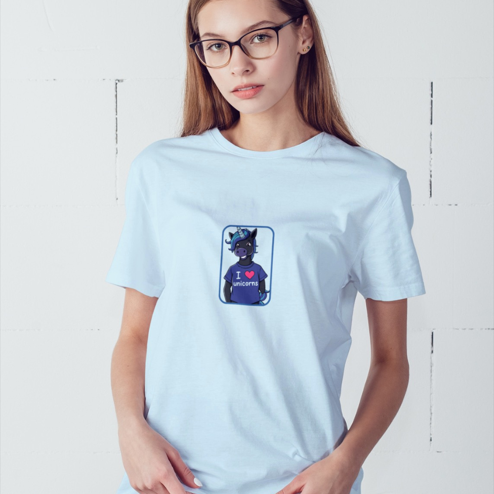 Person wearing a light blue t-shirt with a graphic design on a white background