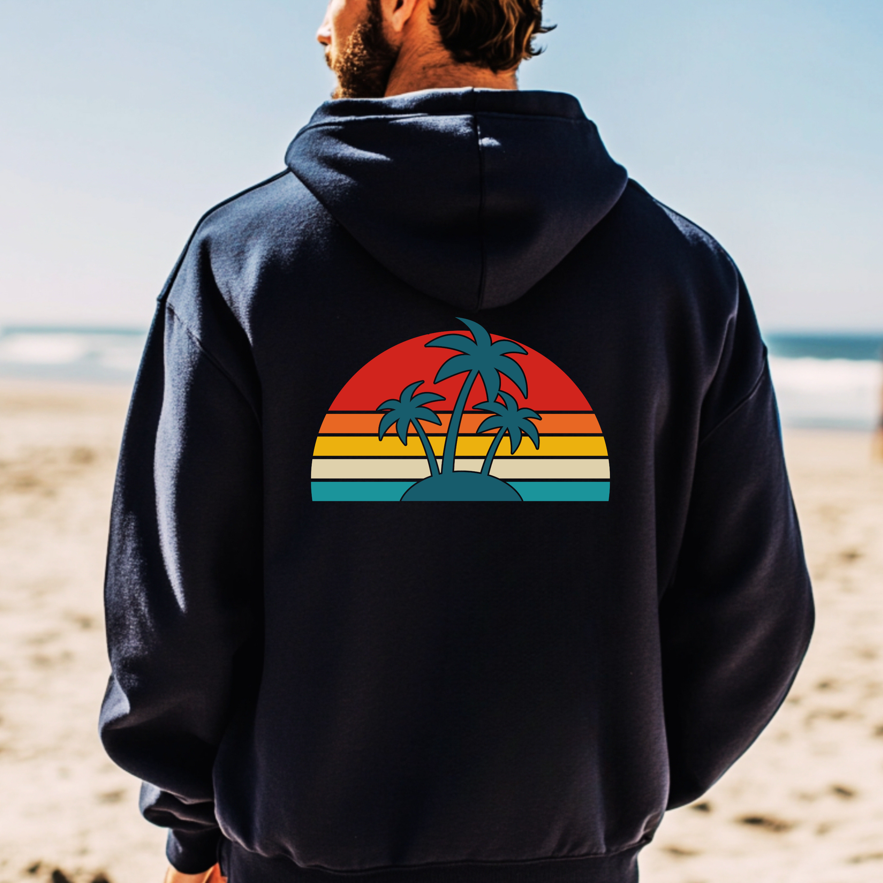 Retro Palm Hoodie — Striped Sunset Palm Back‑Print Unisex Sweatshirt