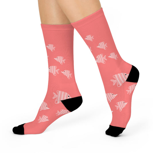 Pink Crew Socks with Cute Little Fishy Print