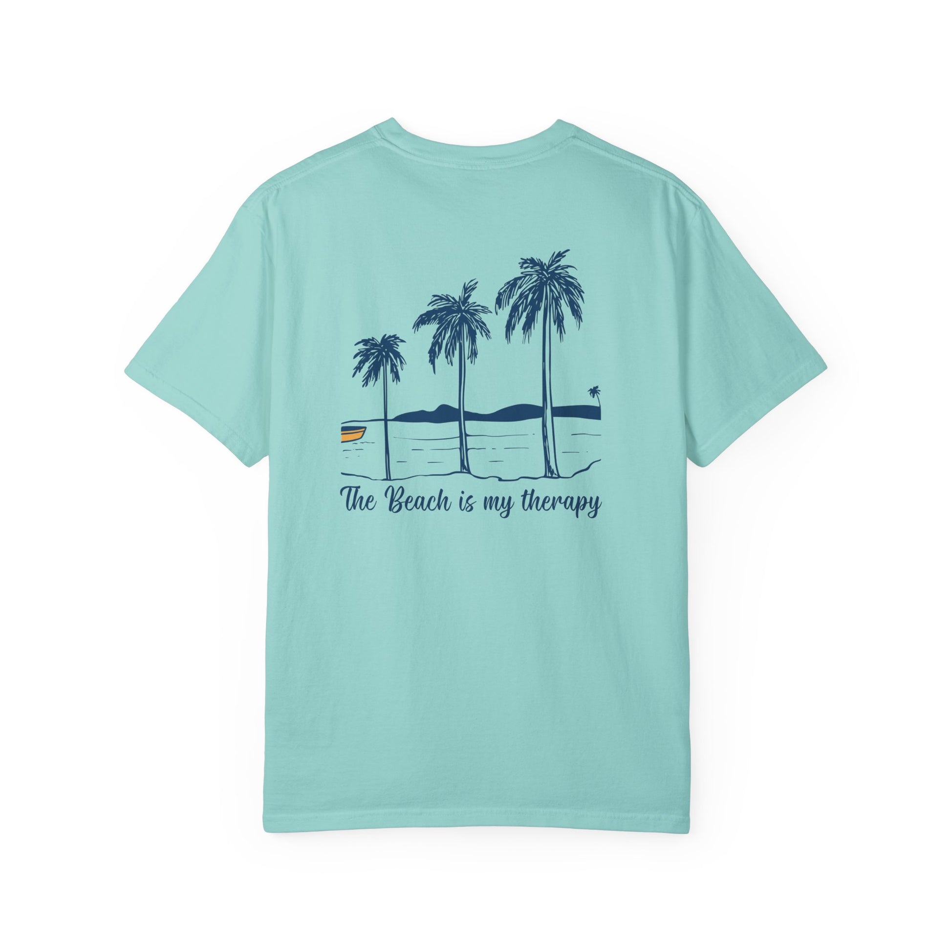 Light blue t-shirt with palm tree design and text on a white background