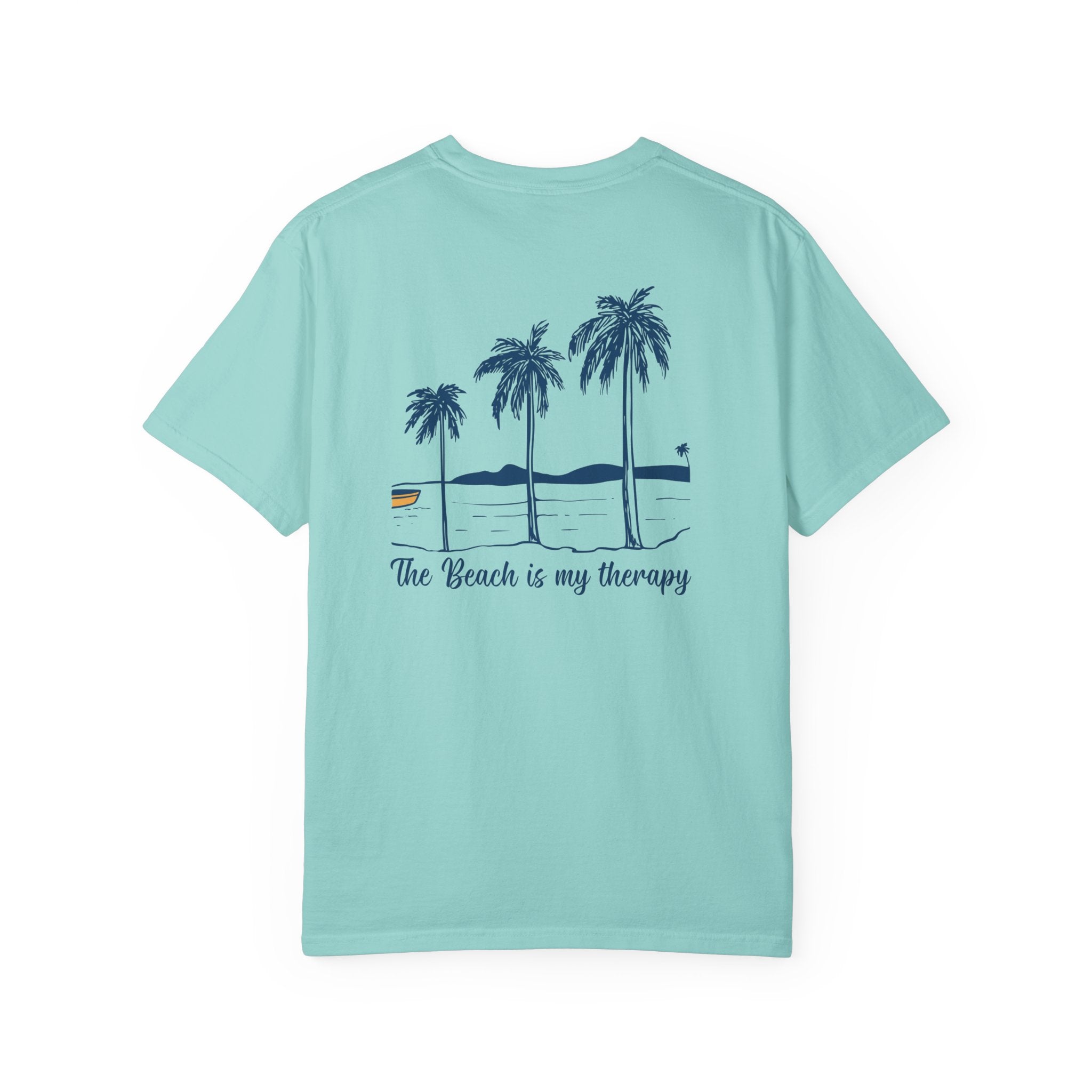 Light blue t-shirt with palm tree design and text on a white background