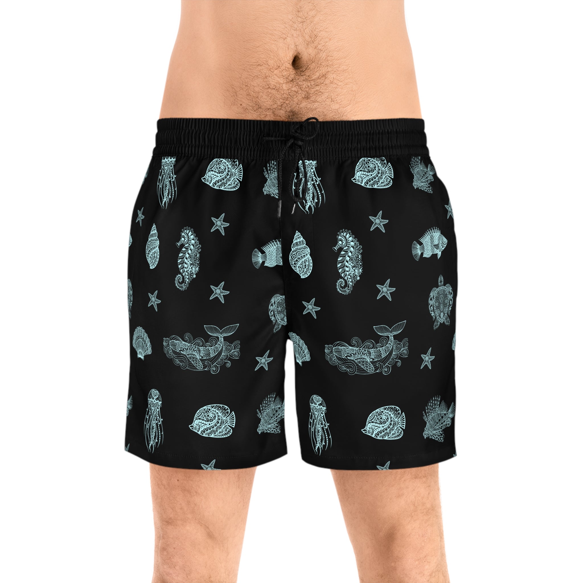 Mens Swim Shorts Mandala Sea Animal Beach Shorts for Him Coastal Gift for Men Summer Swim Trunks Black Ocean Shorts Vacation Ready