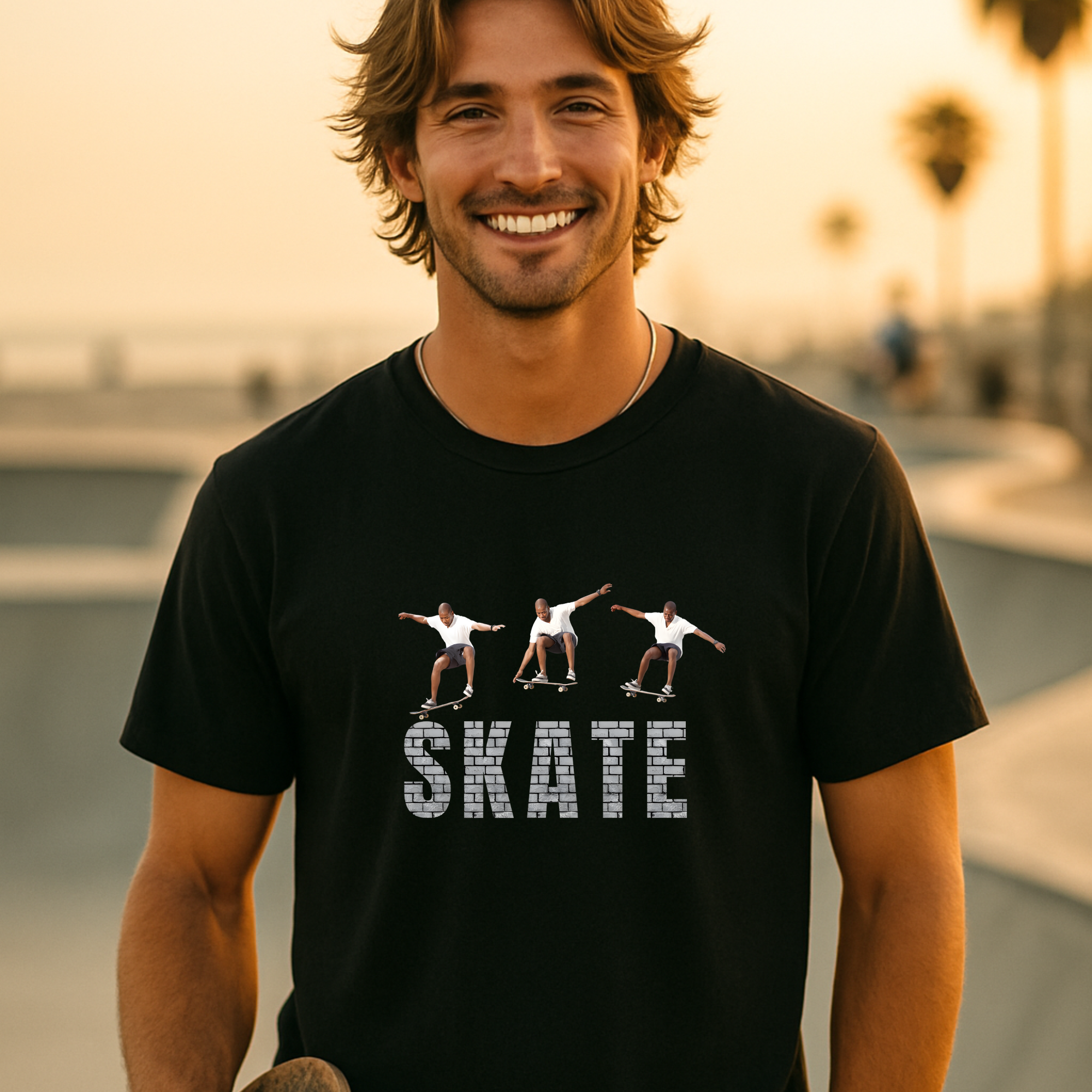 Man wearing a black t-shirt with a graphic of a person on a skateboard and the word 'SKATE'.