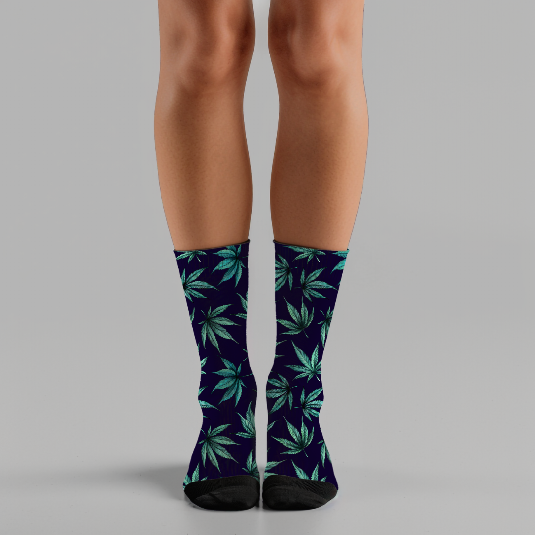 Cannabis Leaf Patterned Crew Socks - Cushioned Print - Comfortable & Stylish Socks for Women and Men