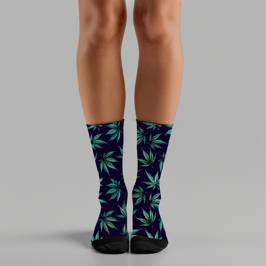Cannabis Socks Navy Blue Crew Socks | 420 Gift for Stoner