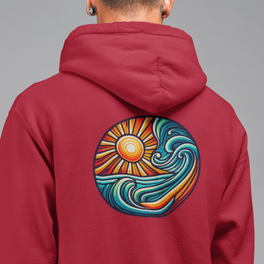 Sunset Wave Graphic Hoodie – Red Unisex Pullover, Beach & Surf Style