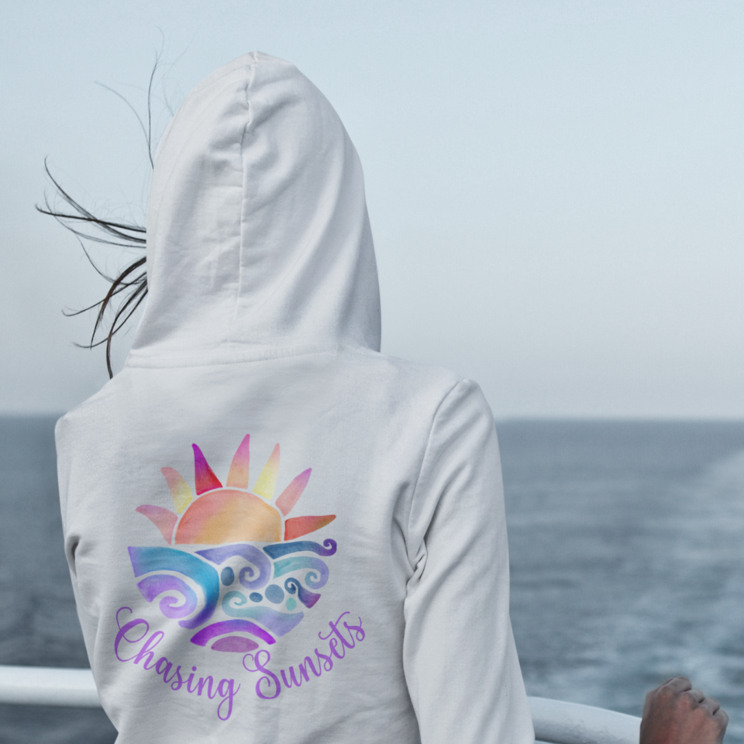 Oversized Pink Beach Hoodie – Sunset Graphic, Unisex Cozy Pullover
