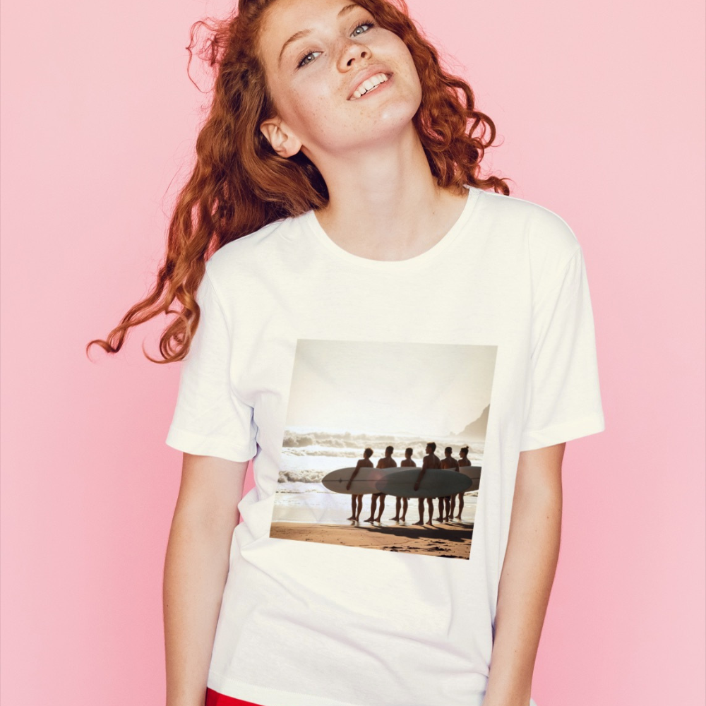 A girl wearing a vintage surfing shirt