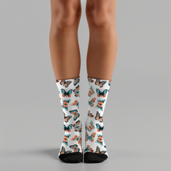 Butterfly Patterned Crew Socks - Cute Socks with Butterflies - Unisex Cushioned Crew Socks Dressy or Casual