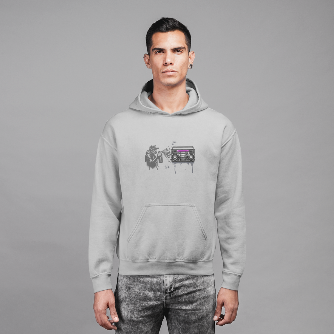 Sport Gray Graffiti Hoodie with Boom Box, Urban Streetwear, Unisex Art Hoodie