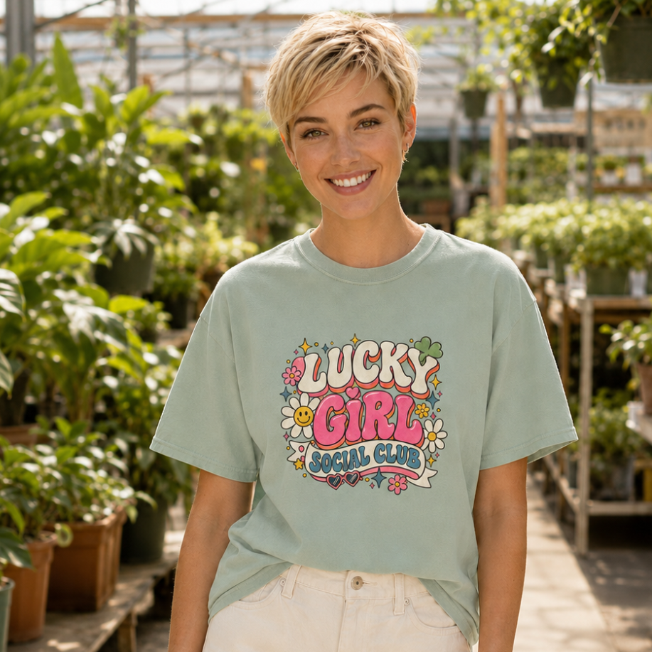 A woman with short blonde hair stands in a greenhouse wearing a sage green graphic t-shirt that reads 'LUCKY GIRL GARDEN CLUB' in pink and multicolor lettering, paired with white pants.