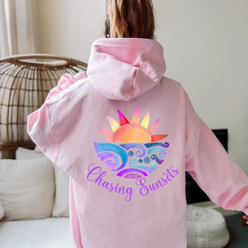 Oversized Pink Beach Hoodie – Sunset Graphic Front & Back