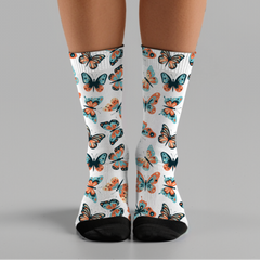 Butterfly Patterned Crew Socks - Cute Socks with Butterflies - Unisex Cushioned Crew Socks Dressy or Casual