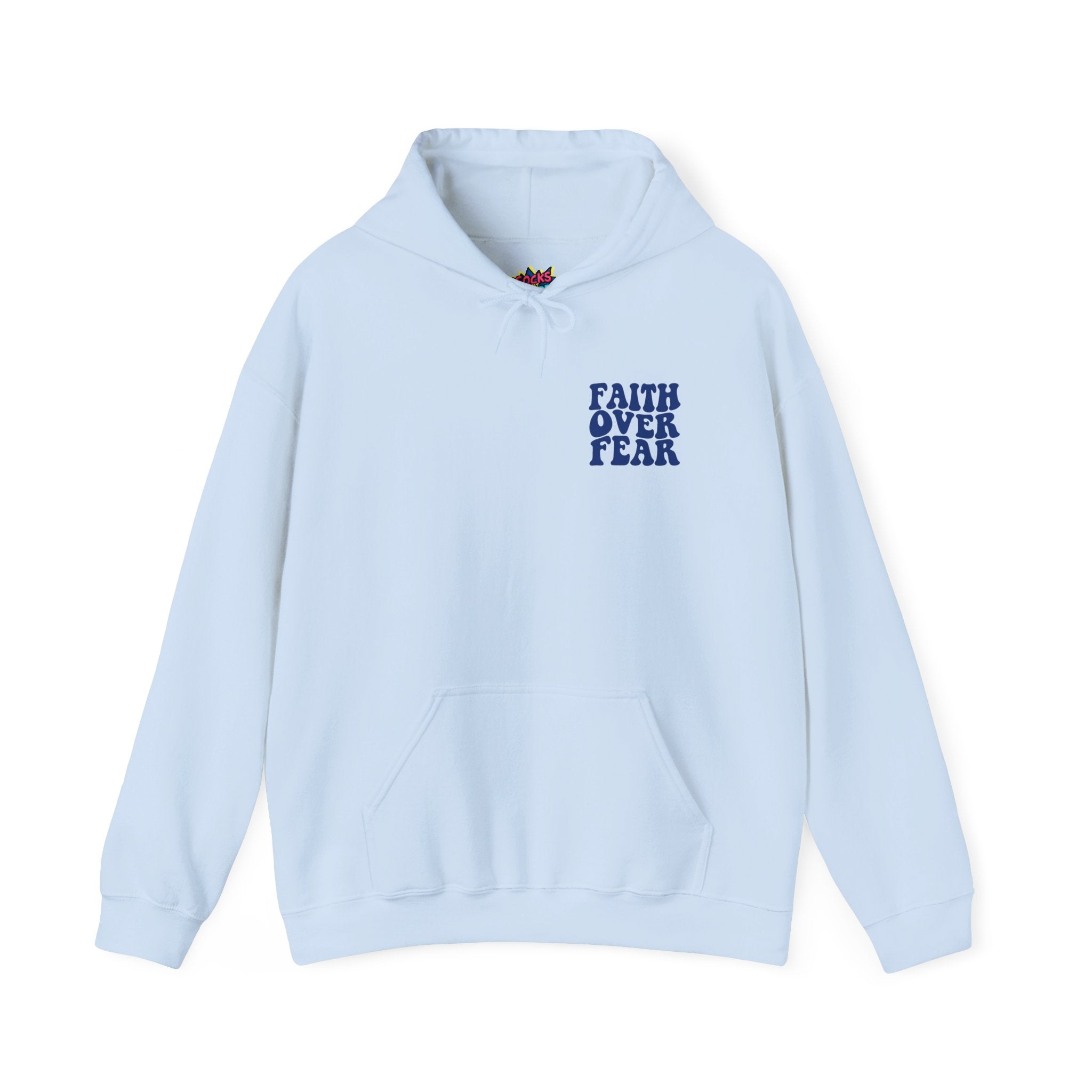 Faith Over Fear Hoodie – Blue Retro Christian Graphic Sweatshirt